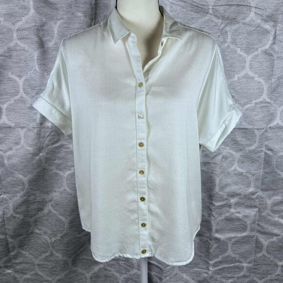 Soft Surroundings White Short Sleeve Linen Blend Button-Down Shirt | Size Small - Picture 1 of 6